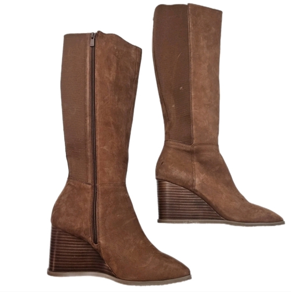 NYDJ Jessica Knee-High Wedge Boots Cognac Women’s NWOB Size 9.5